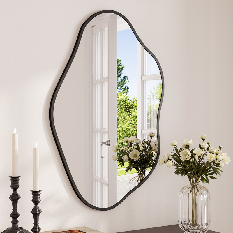 Irregular Wall Mirror with Metal Frame,Asymmetrical Decorative Mirror for Living Room, Hallway, 24" x 36", Black