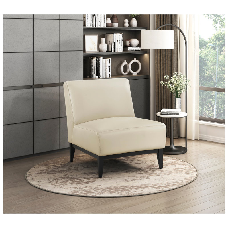 Fauteuil d'appoint en cuir de buffle beige avec cadre en bois massif et coussin en mousse haute densité, Cuir fleur beige