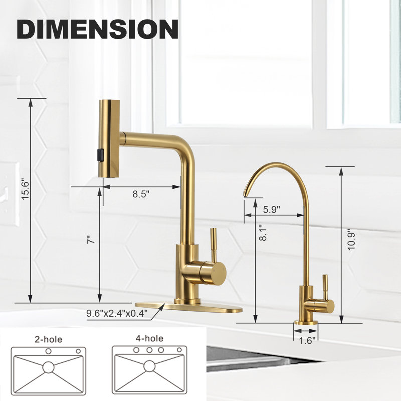 15.7 In Single Handle 360 Degree Spout Swivel Pull Out Sprayer Kitchen Faucet With Water Filter In Gold, Gold
