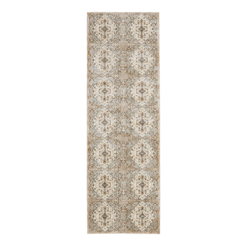 Gray and Cream Geometric Synthetic Runner Rug