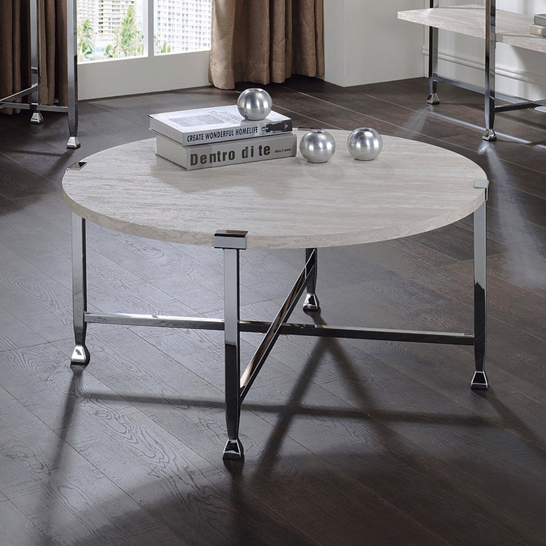 Table basse ronde contemporaine avec plateau en bois et finition en bois chromé 1 pièce
