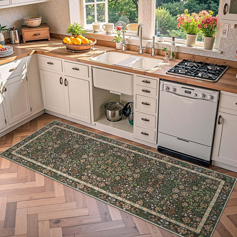 Floral Machine Washable Area Rug, Runner 2' x 5', Black