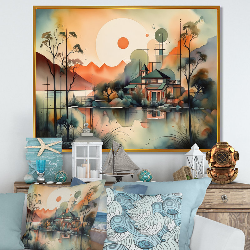 Coucher de soleil abstrait, maison sur l'eau I - Modern Landscape Beach, impressions sur toile, H 12 po x l 20 po x P 1 po