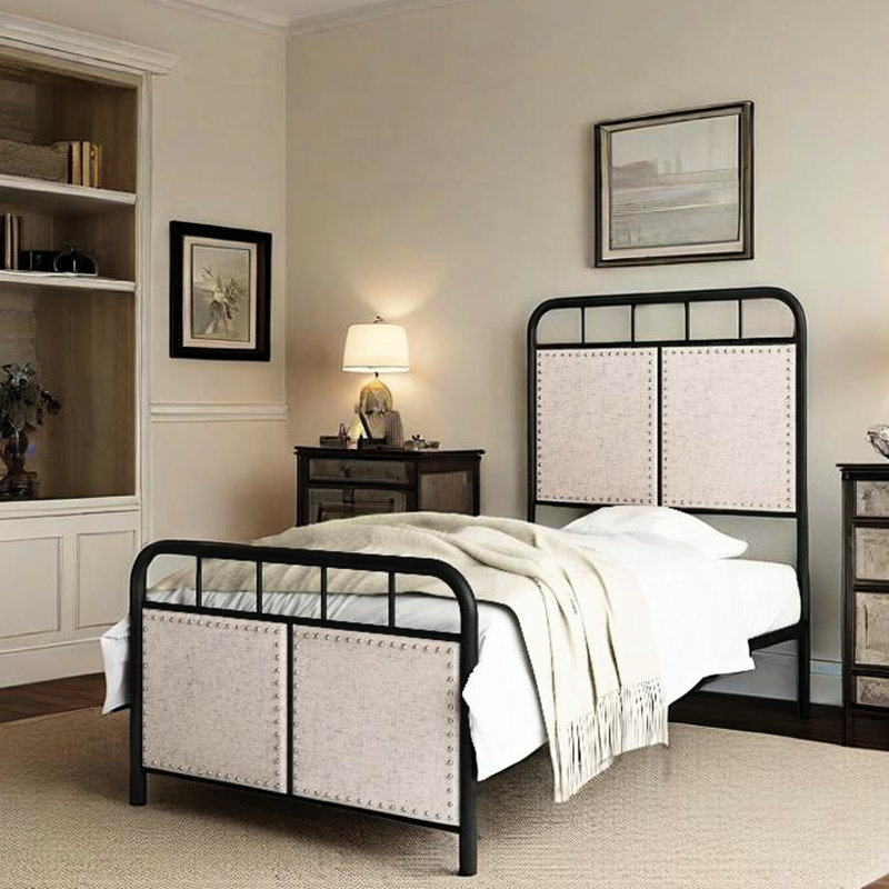 Twin Size Platform Metal Bed Frame Upholstered In Linen, Fabric Head And Foot Panels, Strong Steel For Durability, Noise - Operation, Clear Instruction Assembly With Tools, No Box Spring Required,