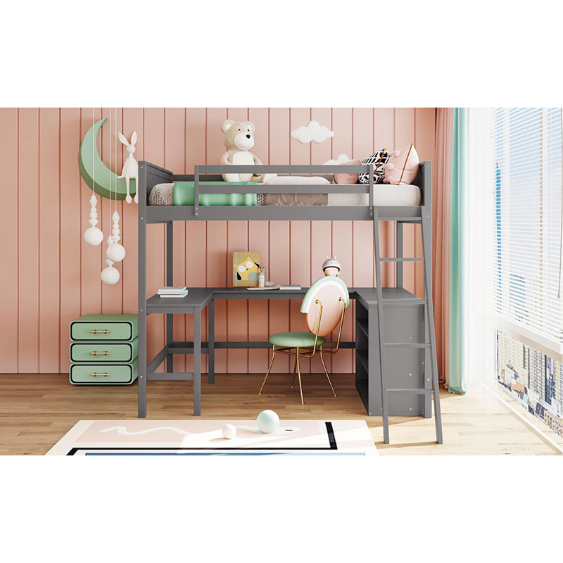 Lit mezzanine double avec tablettes et bureau, lit mezzanine en bois avec bureau, Gris