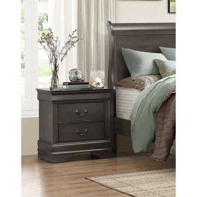 2 Drawer Nightstand, Grey Stained Finish, Classic Bedroom Style Growth Drawers, Traditional