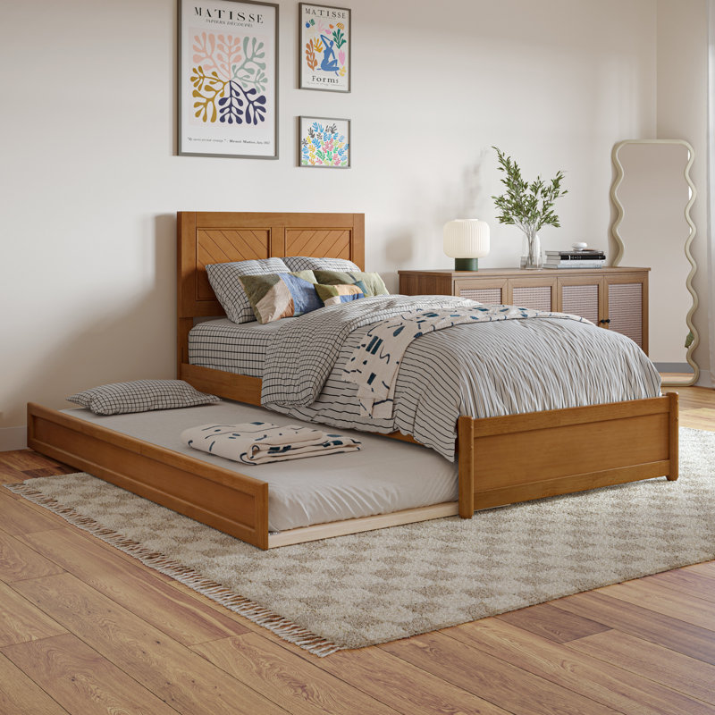 Lit plateforme en bois massif avec pied de lit et gigogne Lamarkus, Simple TG, Caramel clair