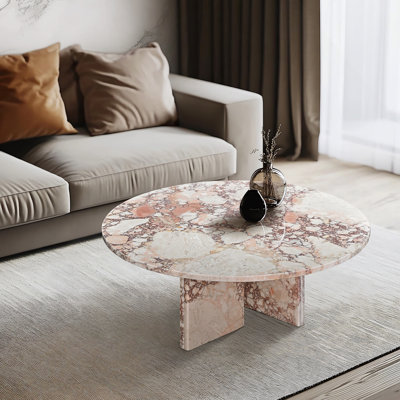 Table basse de luxe en marbre naturel rose, petite table de salon avec surface polie, pierre véritable