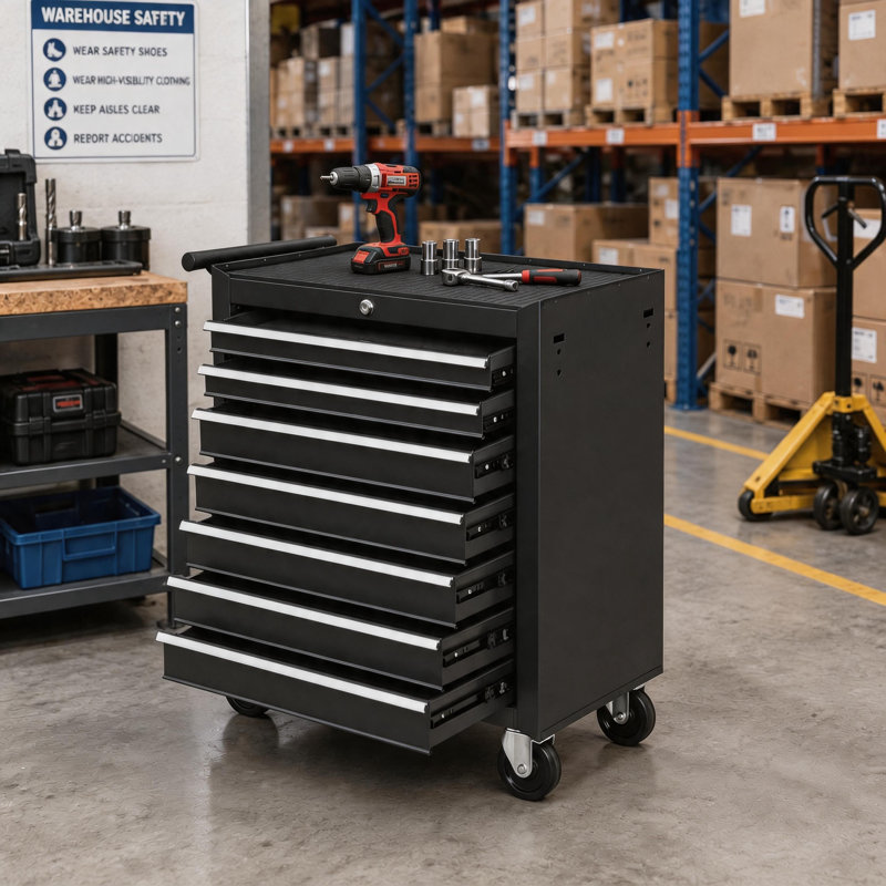 Armoire à outils noire verrouillable à 7 tiroirs avec rangement à roulettes pour garage et atelier