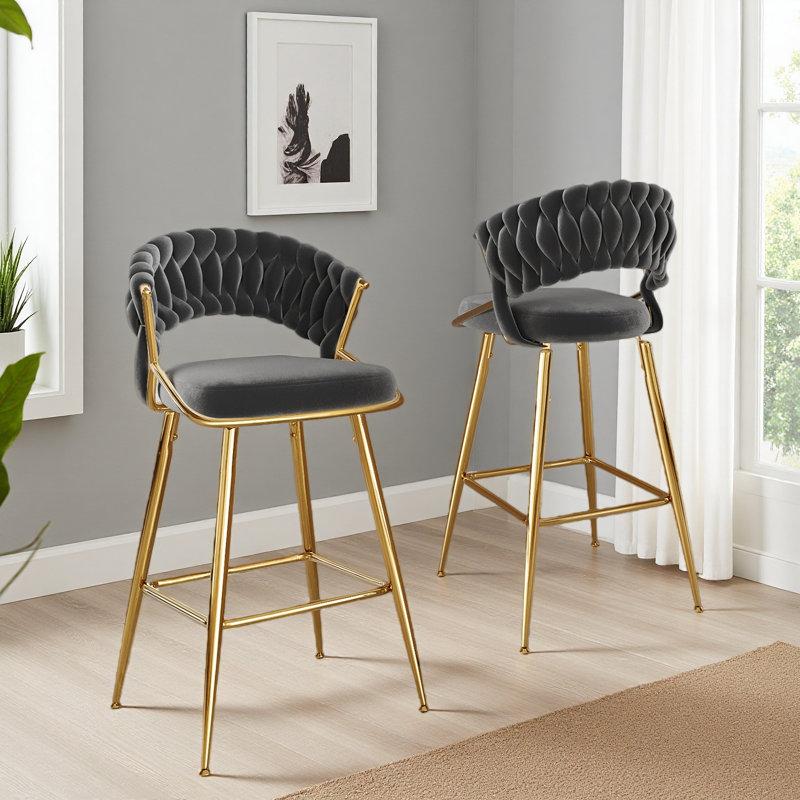 Tabouret de comptoir moderne en velours avec accents dorés, conception ergonomique et siège moelleux pour îlot de cuisine