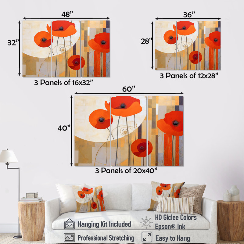 «Bold Orange Cubic Flowers», ensemble d'art mural sur toile géométrique, Toile tendue, H 40 po x l 60 po x P 1 po