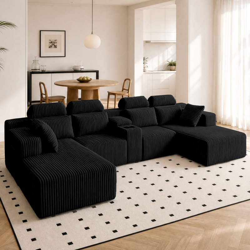 Canapé modulaire surdimensionné en forme de U de Boneless, Black Corduroy