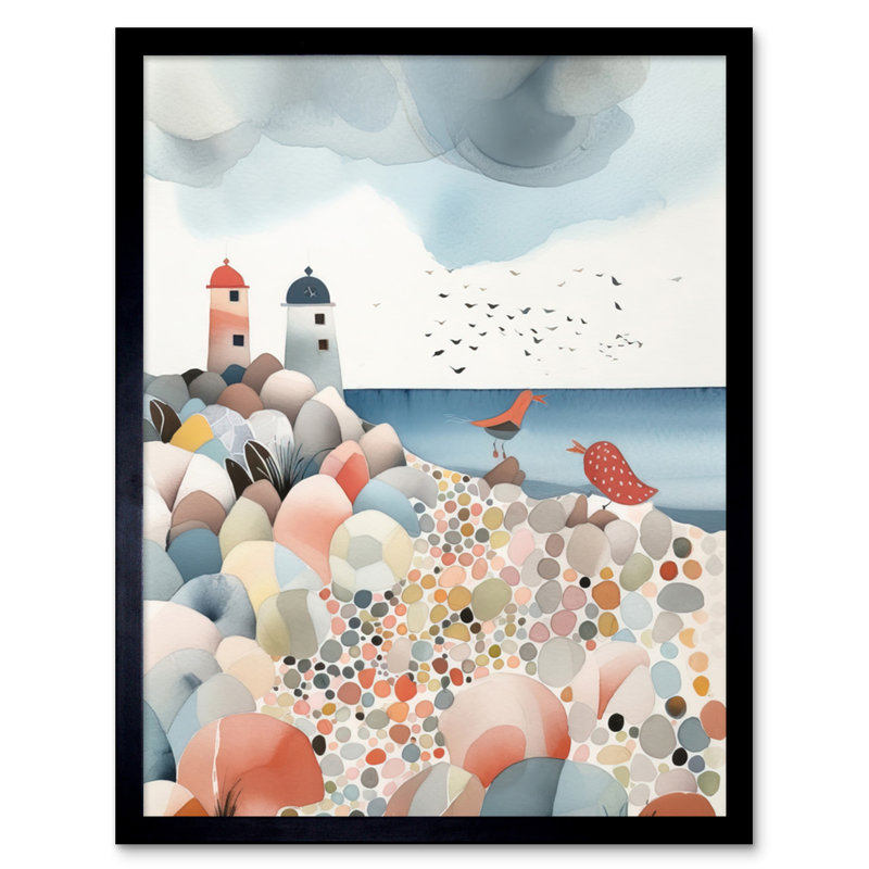 Lighthouses On Multicoloured Pebble Beach Watercolour Painting Artwork Framed Wall Art Print 9X7 Inch