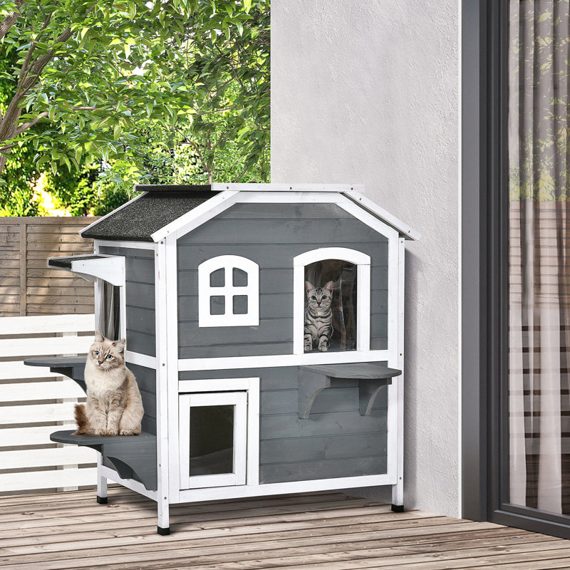 Enclos extérieur pour chat - 2 étages en bois avec plateforme, maison grise à utiliser, porte en bois, porte de secours, toit ouvrant et plateformes de saut