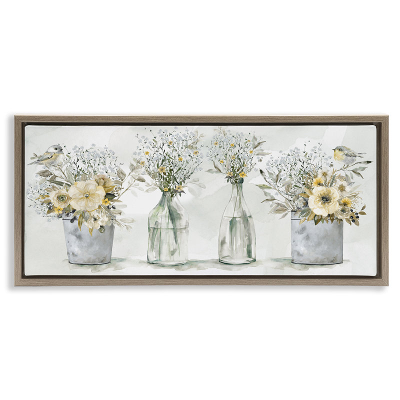 Oiseaux chanteurs avec bouquets de fleurs, Cadre flottant orme Montalcino, H 14 po x l 31 po