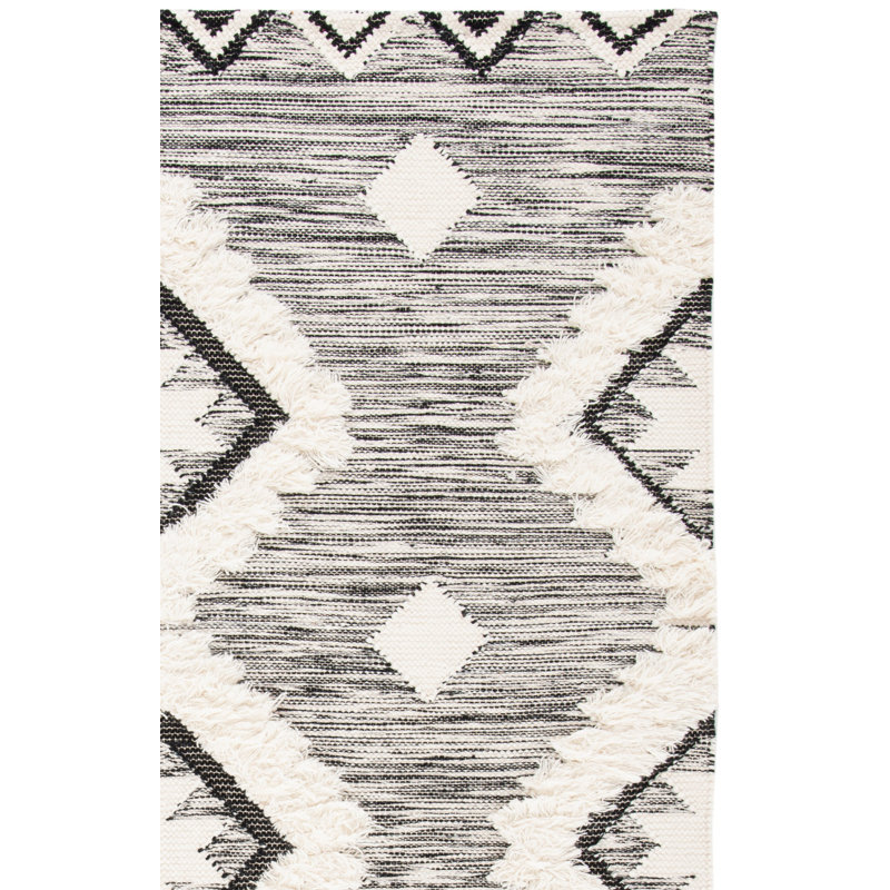 Tapis en laine / coton tissé à la main Amelio en ivoire / noir, Rectangle 8 pi x 10 pi