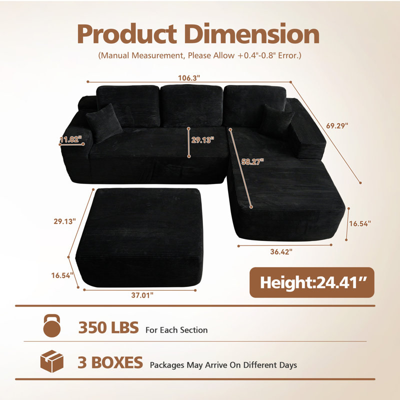Boneless 106.3" Boneless Floor L-Shaped Sectional Sofa With Ottoman, No-Assembly Cloud Couch For Modern Living Spaces