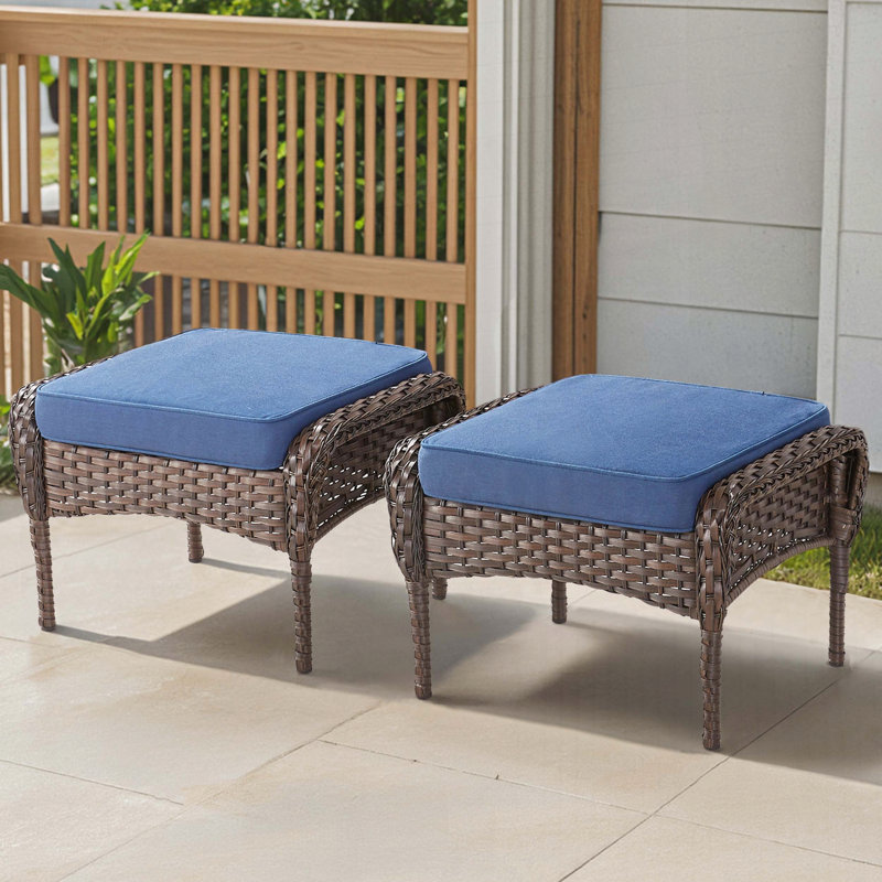Ensemble de 2 repose-pieds d'extérieur en osier avec coussins moelleux, Coussin bleu / cadre brun