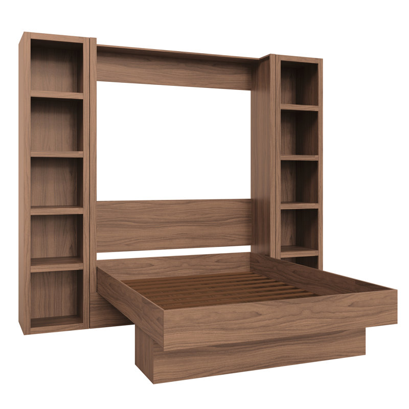 Lit escamotable Easy-Lift en grain de bois avec deux étagères, Complet/Double, Brun