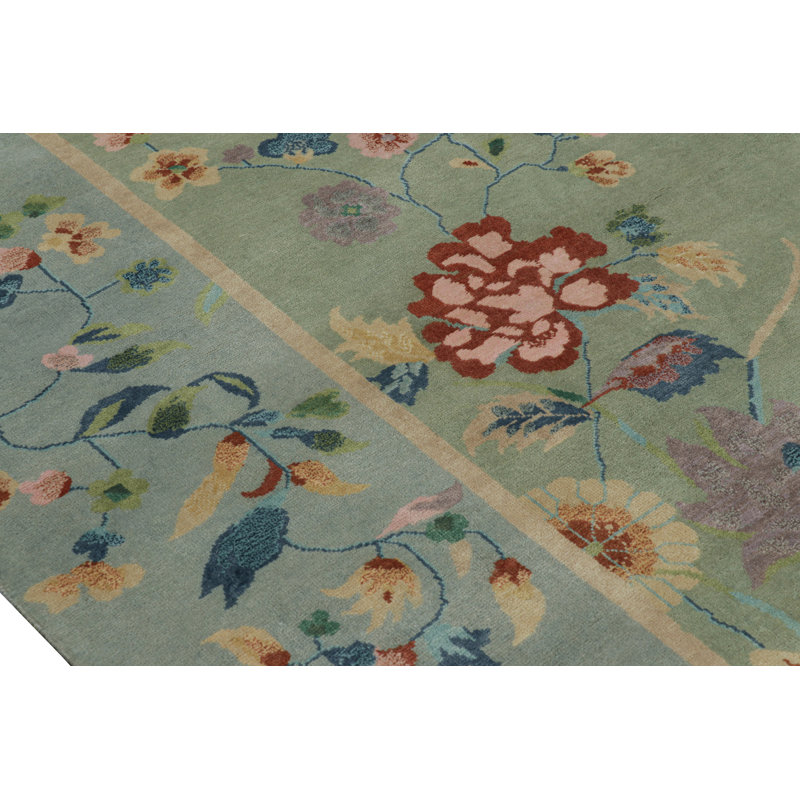 Rug & Kilim’S Oversized Chinese Art Deco Style Floral Rug In Green And Blue, Rectangle 9'10" x 14'2"