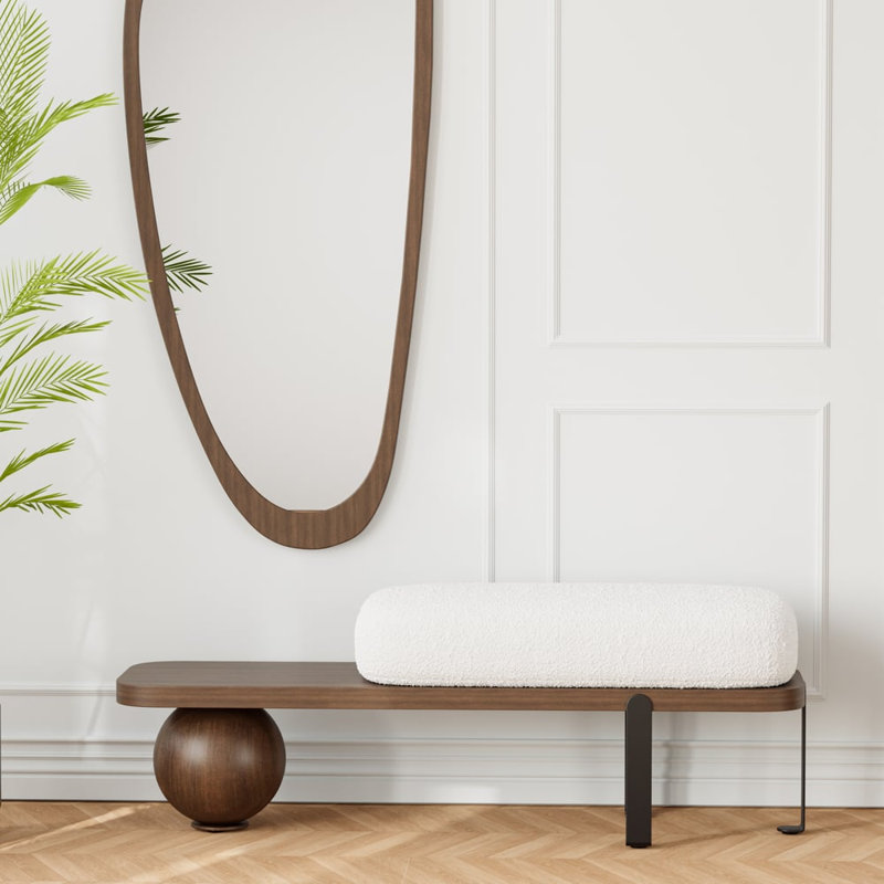 Walnut & Black Wooden Entryway Bench Fleece Upholstered With Abstract Metal Legs, Walnut/Black