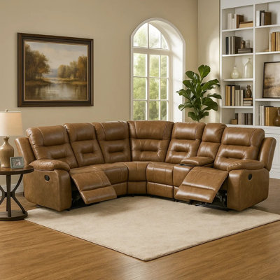 Kius Manual Recliner Sectional Sofa, Console, Tufted Brown Faux Leather