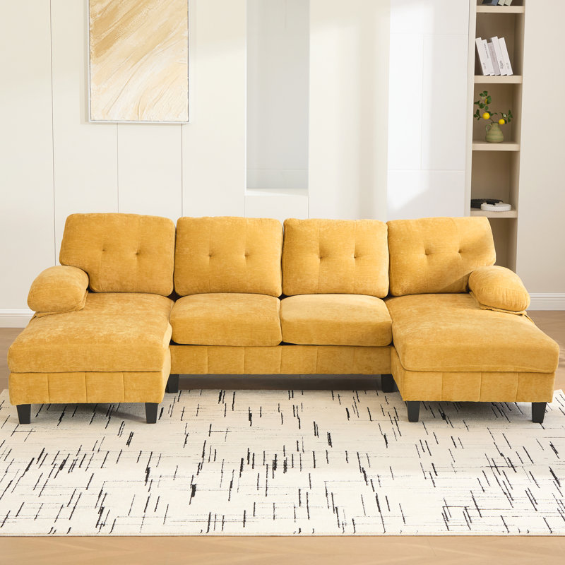 103.5"W 4-Piece Upholstered Sectional, Yellow Chenille