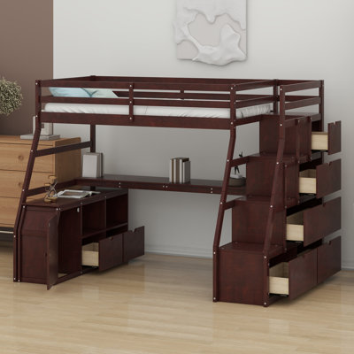 Lit mezzanine avec tiroirs, tablettes et bureau