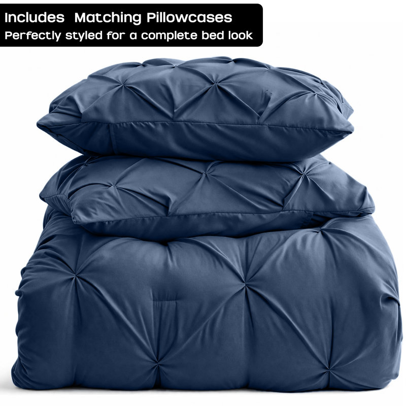 Pintuck Duvet Cover Set with Pillowcases – Soft Microfiber, Textured Quilt Cover, All-Season Comfort, King, Navy