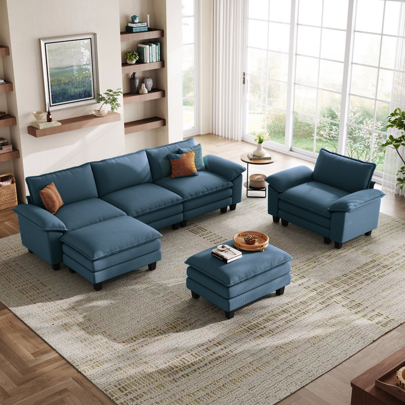  Fauteuil surdimensionné et demi avec repose-pieds Colbey, Velours côtelé bleu marine Elio