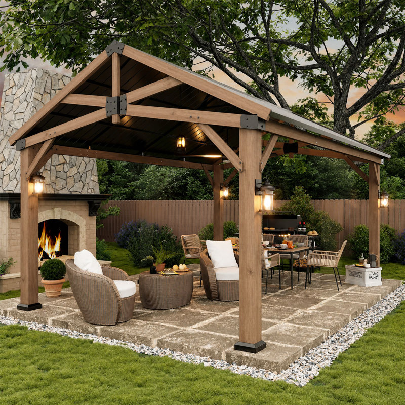  Jolydale 16 Ft. W x 12 Ft. D Soild Wood Frame Hardtop Gazebo With Galvanized Steel Peak Roof, Suitable For Patios, Lawn And Backyard
