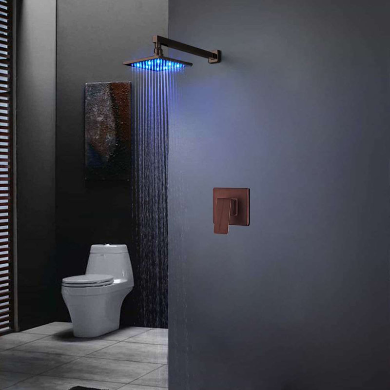Douche de pluie à DEL Rivera en bronze huilé foncé avec jets muraux et robinet mélangeur Rivera, H 2 po x l 12 po