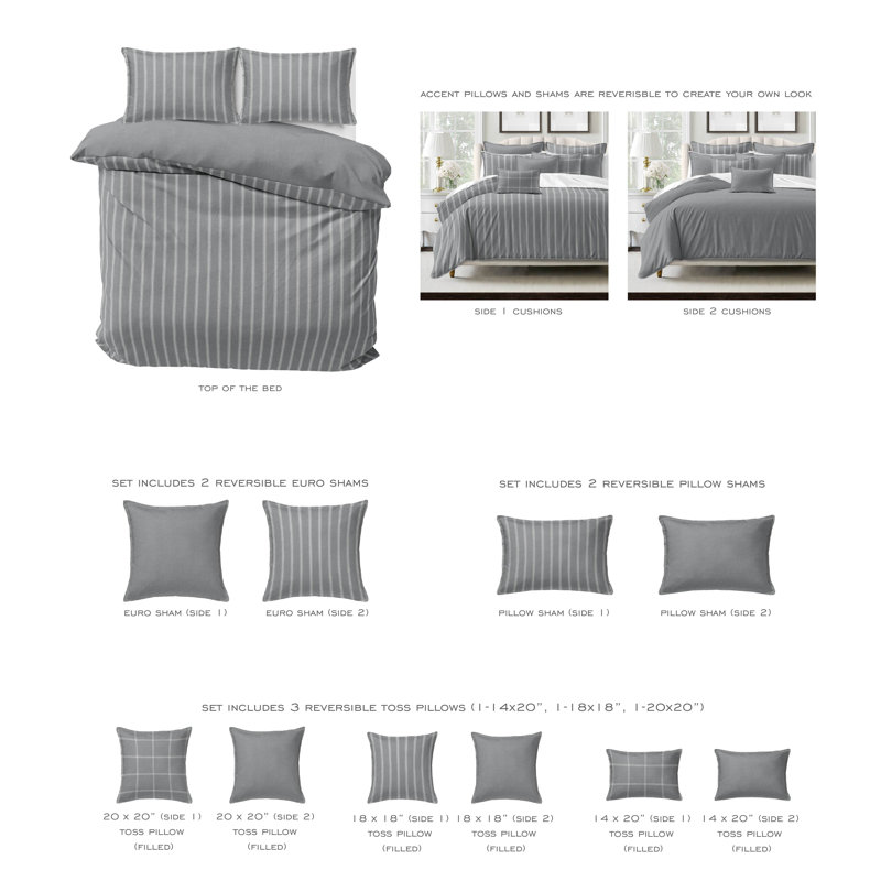 Shay Broad Ticking Stripe Gray Cotton Duvet Cover Set  8 Piece, California King Duvet Cover + 7 Additional Pieces