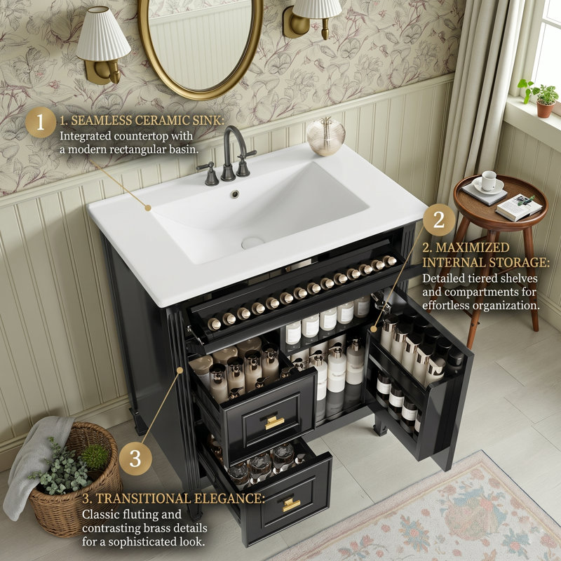 30" Free-Standing Single Bathroom Vanity With Ceramic Sink, Storage Cabinet With Solid Wood Frame & 1 Flip-Out Drawer & 2 Side Drawers