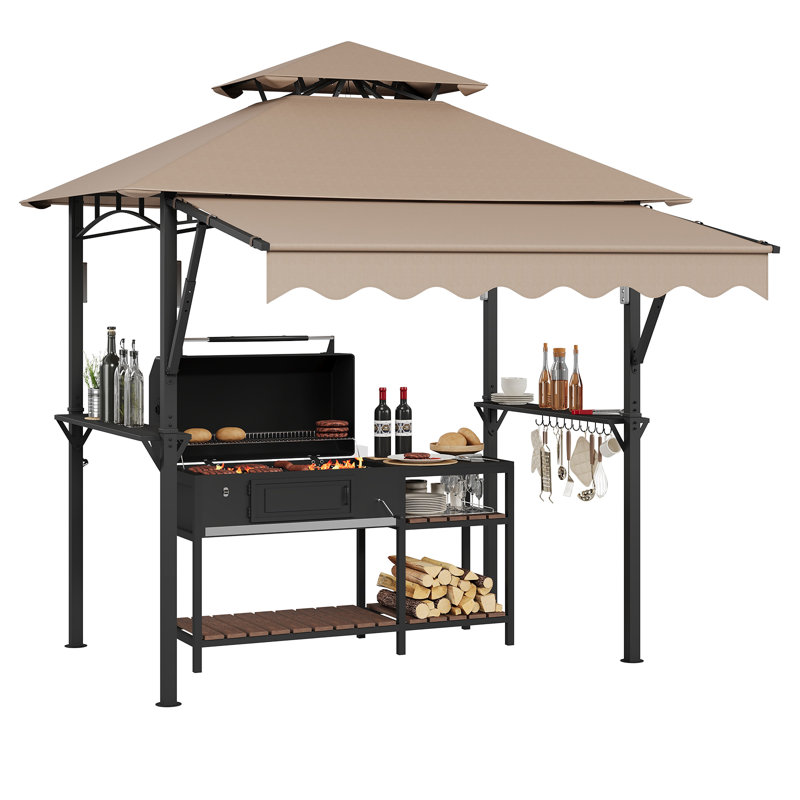 Khaki 8x5 FT Heavy-Duty Steel Grill Gazebo with Double-Tier Roof and 7x3 FT Awning, Weather-Resistant Outdoor BBQ Canopy with Metal Frame, Shelves and LED Lights