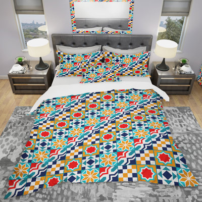 Colorful Diagonal Geometric Tiles Pattern - Modern Geometric Duvet Cover Set - Microfiber Polyester