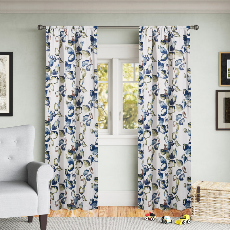 Yellow and Blue Floral Blackout Polyester Curtain Panel