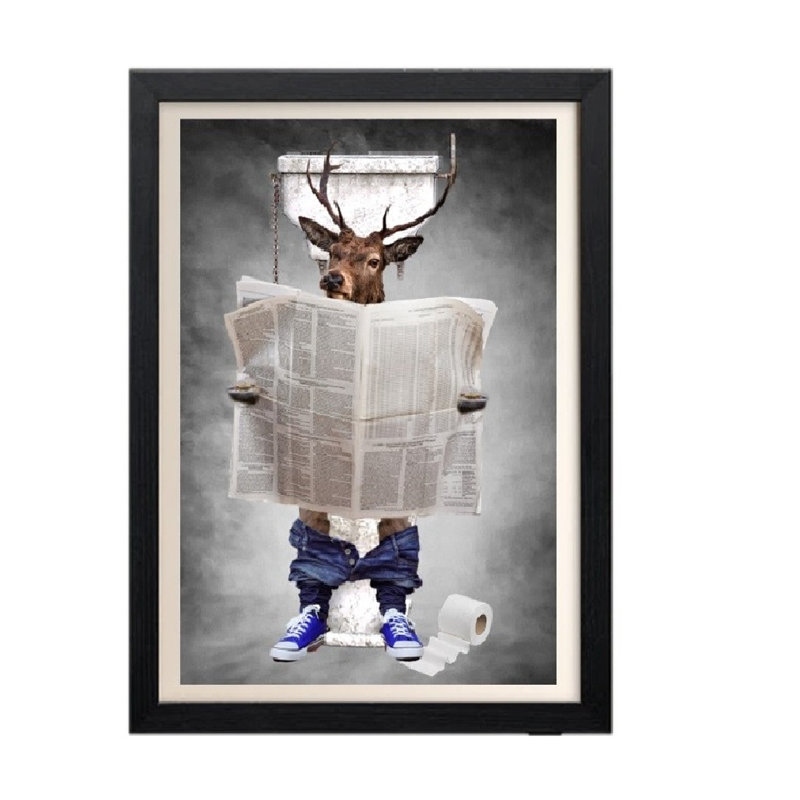 Animal Bathroom Prints Stag On Toilet - Single Picture Frame Print