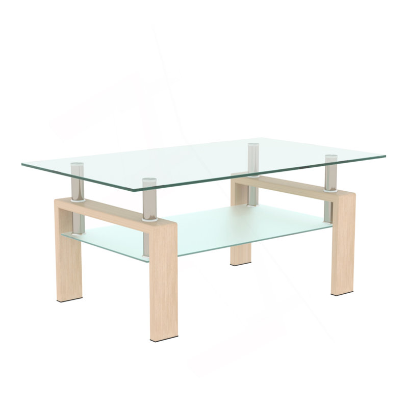 Nansi Glass Coffee Table, Living Room Table and Center table with 2-Tier Storage Shelves, Modern Design with Metal Legs, Oak