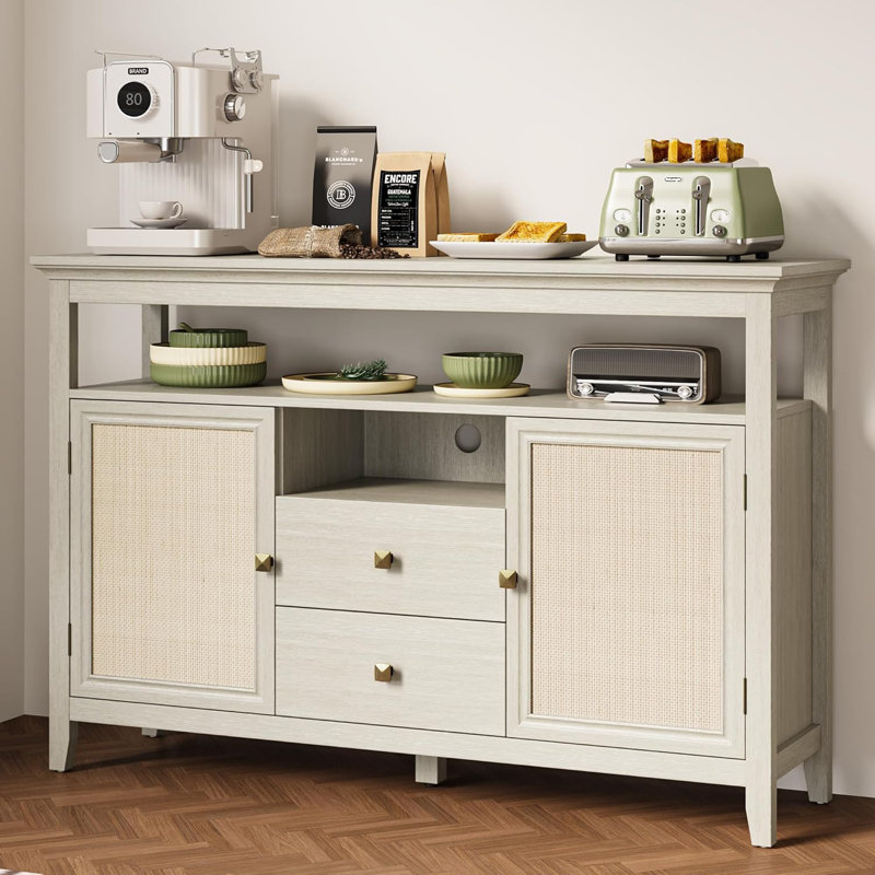 Armoire à café, buffet Buffet Boho avec 2 portes et 2 tiroirs, console de style campagne moderne pour la cuisine, entrée de la salle à manger