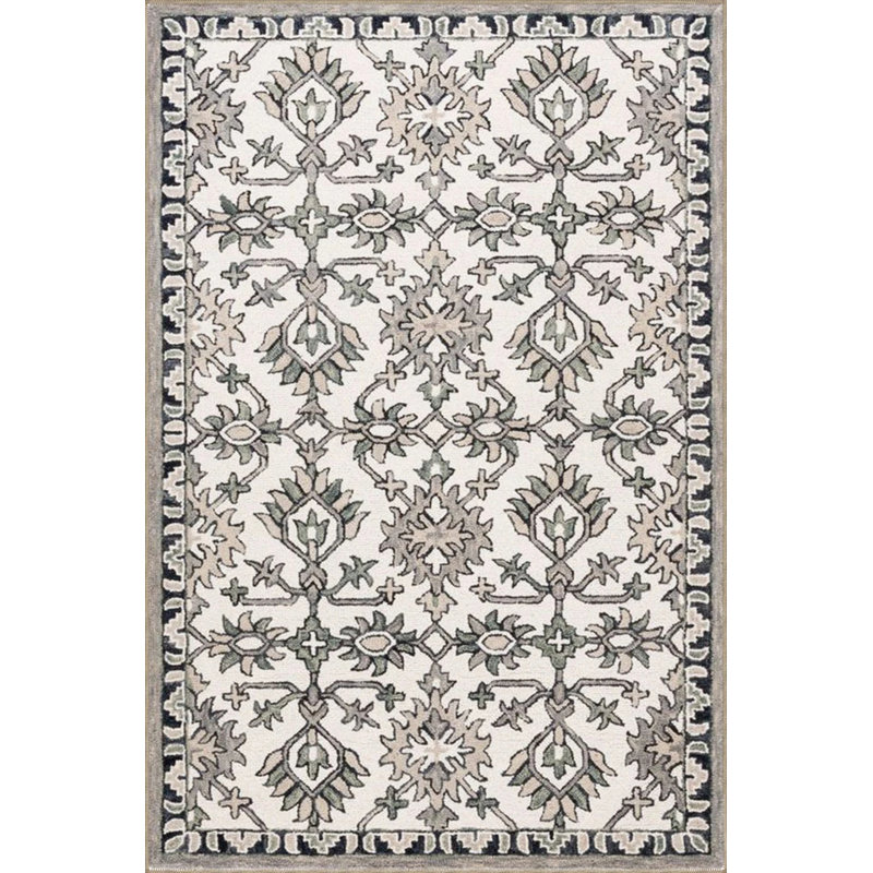 White Themed Gray Floral Patterned Decorative And Woven Based Washable Carpet, Rectangle 5'2" x 7'7"