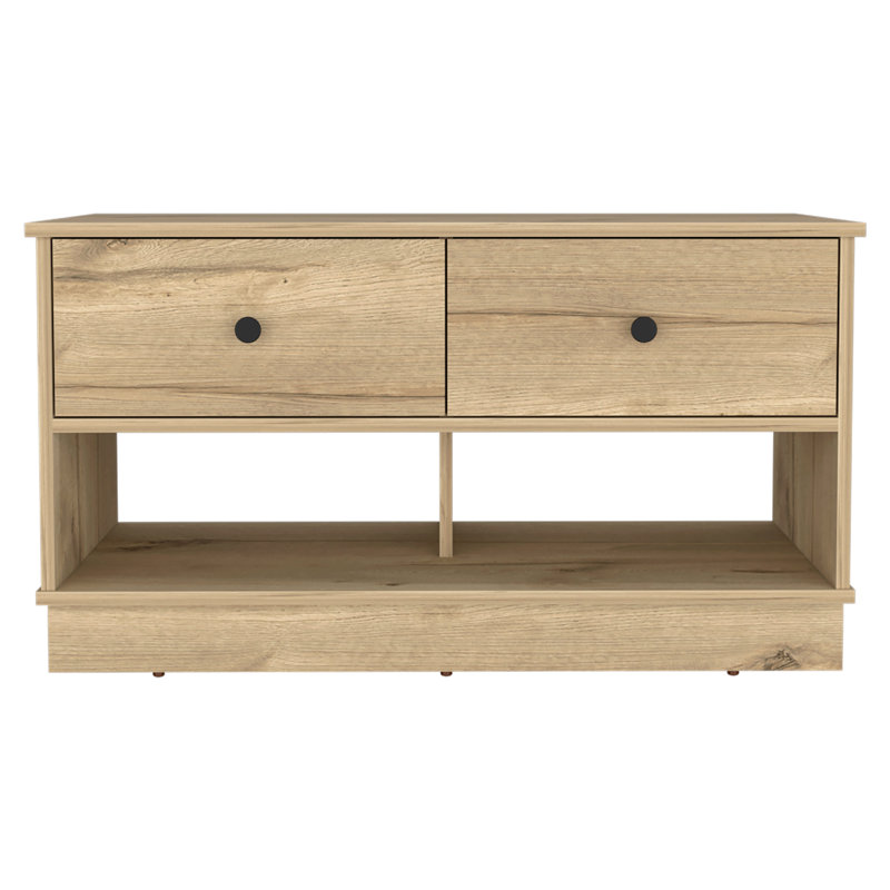 Rectangle 2-Shelf 2-Drawer Storage Bench, Light Oak