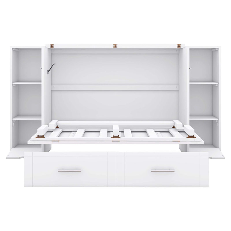 Lit escamotable avec tablettes, tiroirs et ports USB Murphy, Lit double, Blanc