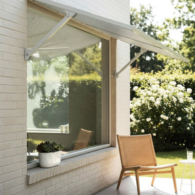 Auvent en métal blanc 4,6 pour l'extérieur, construction en aluminium léger, finition thermolaquée contemporaine, charnière continue avec solin intégré, installation facile, quincaillerie en acier inoxydable