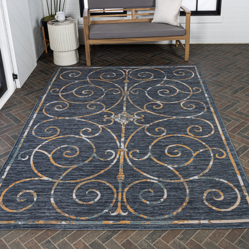 Tapis d'intérieur / extérieur crème / bleu marine Bilol, Rectangle 7 pi 9 po x 10 pi