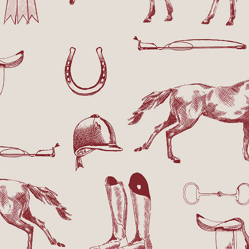 Joules Sketched Equestrian Cream/Burgundy Wallpaper