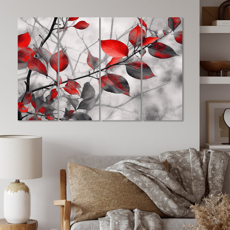 «Red Grey Leaves On Tree IV», reproduction sur toile florale - 4 panneaux