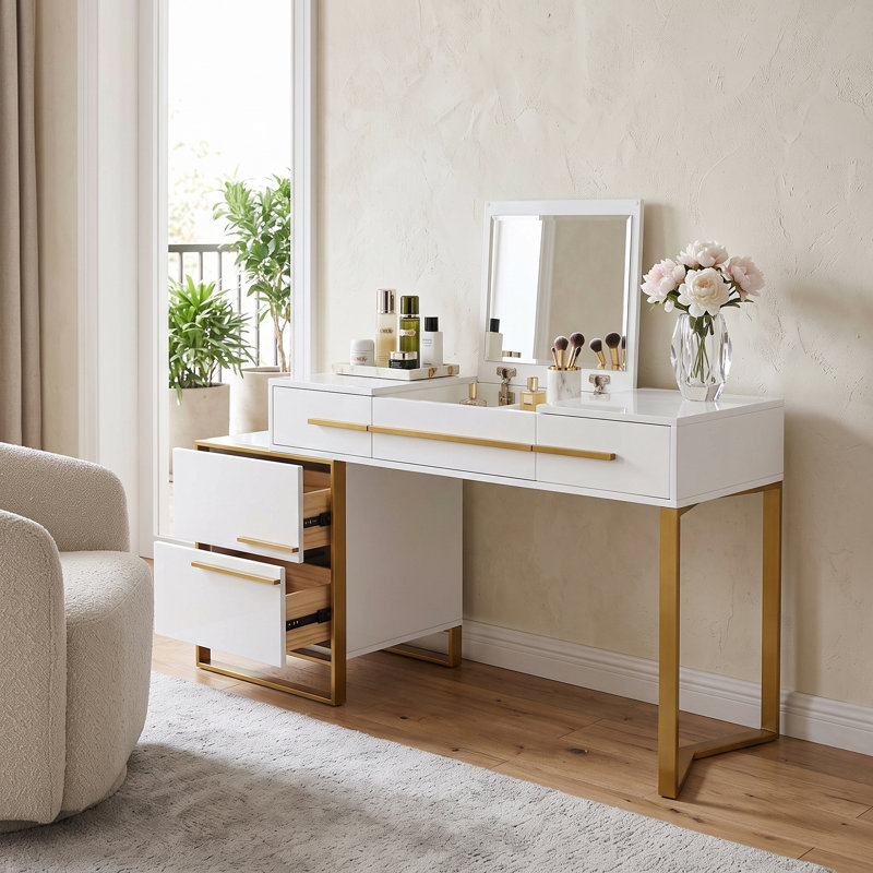 Meuble-lavabo moderne 47 "avec miroir rabattable, Blanc / Doré