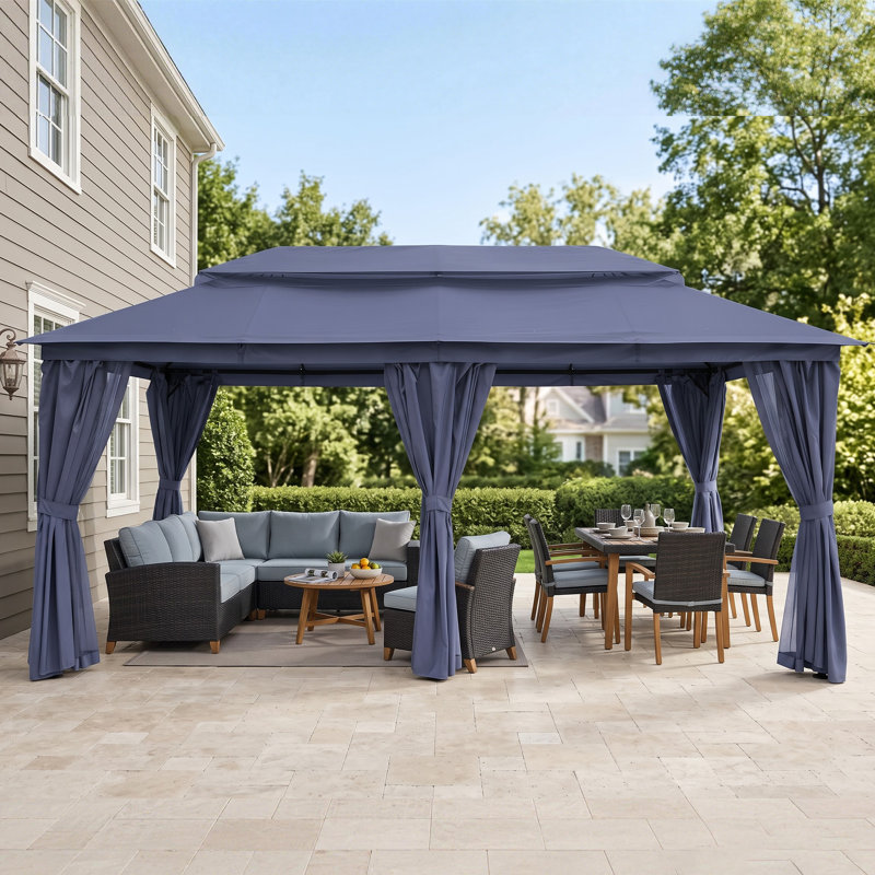 Abri de jardin d'extérieur 10 pi x 20 pi avec abri de toit en toile robuste à double toit, moustiquaire et moustiquaire pour la cour, le jardin, la pelouse et le bleu marine
