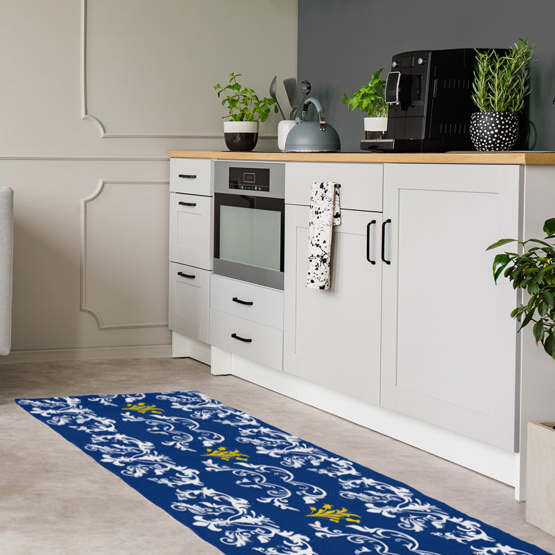 Tapis de couloir damassé bleu